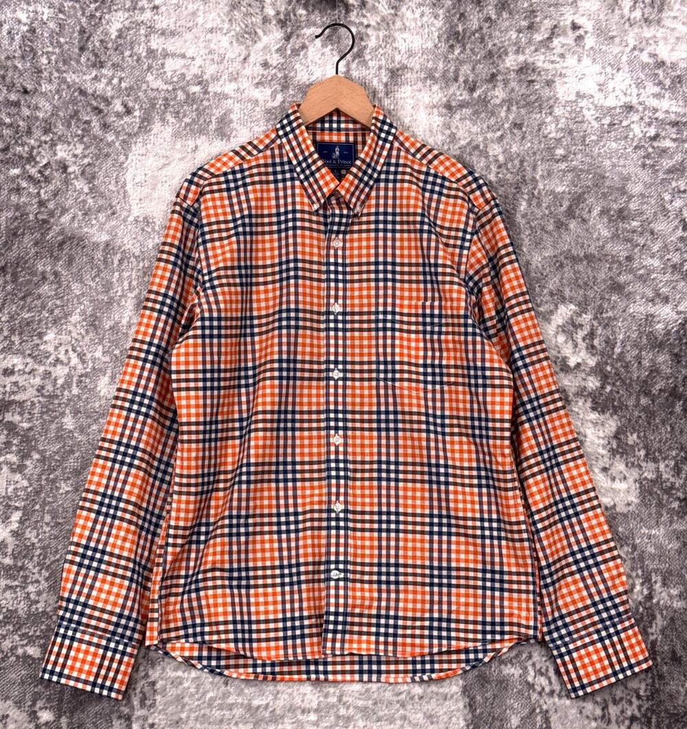 Wool & Prince Shirt Large Mens 100% Wool Orange Gingham Check Long Sleeve